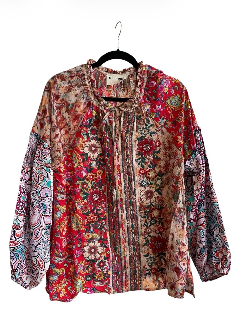 Savanna Jane Floral Patchwork Peasant Blouse - Red Multi
